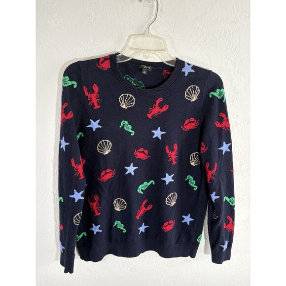 Talbots Sweater Petite Lp Navy Blue BY THE SEA Pullover Lobster Nautical Ocean - Picture 1 of 7